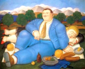 Disegno di un uomo in sovrappeso seduto su un prato e donna in sovrappeso sdraiata.